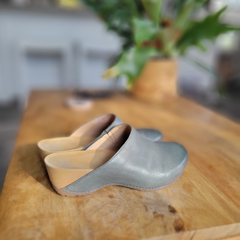 Dansko Light Gray Leather Clogs